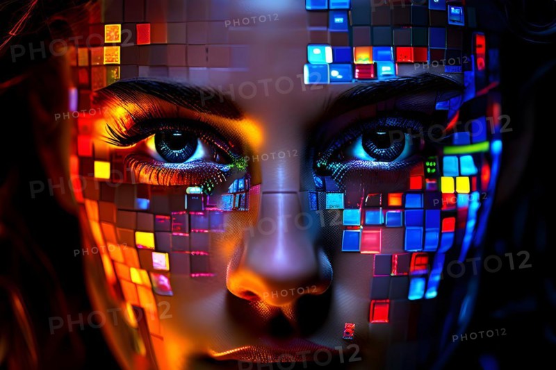 AI generated human portrait transitioning from lifelike human to a pixelated digital effect