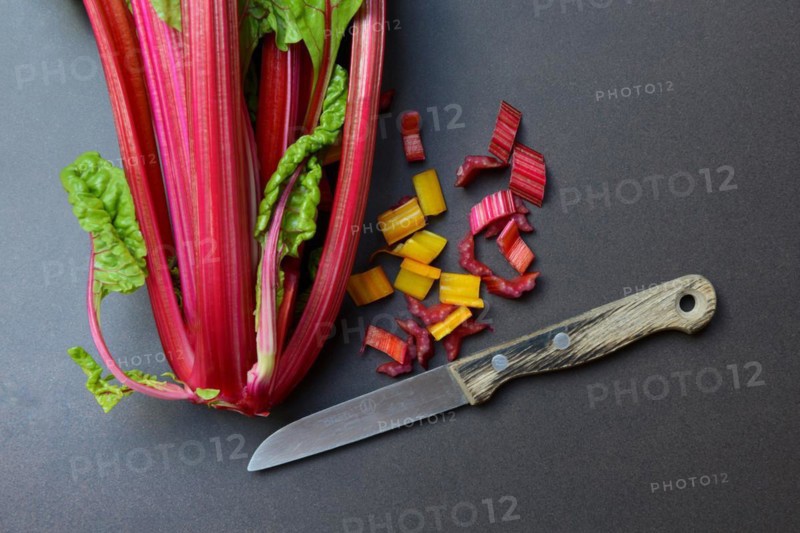 Chard with knife and chopped stems, Beta vulgaris