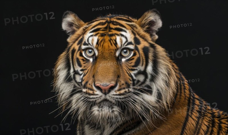 Close-up of a Bengal-Siberian tiger hybrid in studio lighting, tiger on black background AI generated