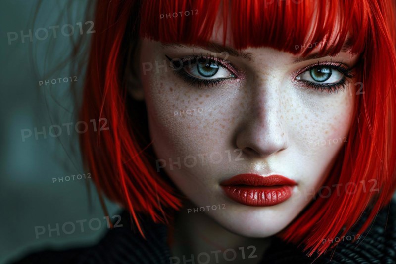 Portrait of young beautiful woman with pale skin and bright red hair with bob hairstyle with bangs and black eye makeup. KI generiert, generiert, AI generated