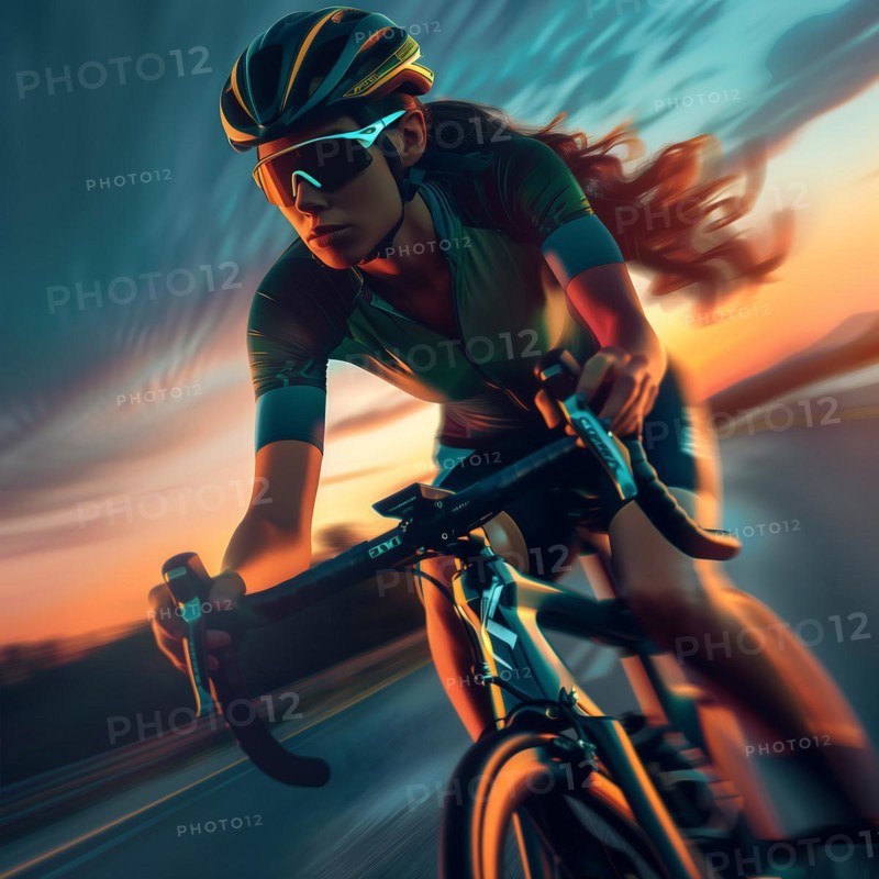 Cyclist racing on her bike with intense colours of the sky in the background, AI generated
