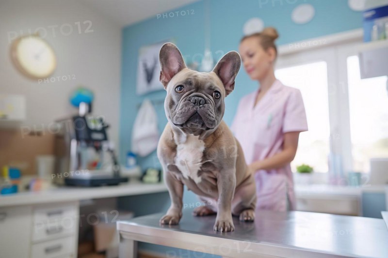 Bulldog dog at vet. Sitting on examination table at veterinary practice clinic. KI generiert, generiert, AI generated