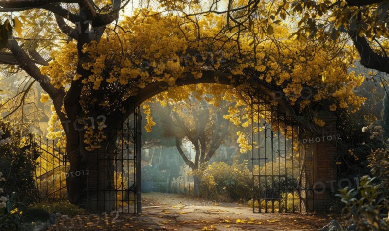 Laburnum tree branches forming an archway over a garden gate AI generated