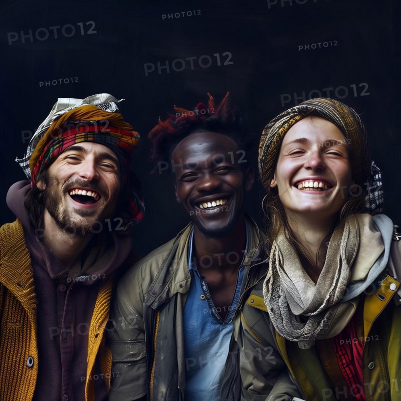 Hearty laughter and expressive joy among three friends in colourful clothes, group picture with people in work clothes of different nationalities and cultures, KI generated, AI generated