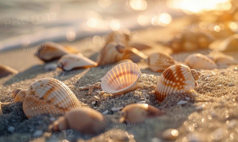 Close-up of seashells scattered along the sandy shore AI generated