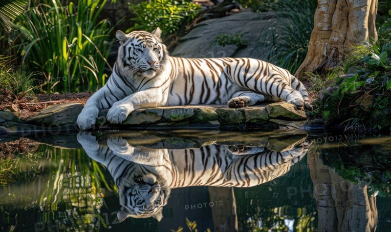 A white tiger lounging gracefully by a tranquil pond AI generated