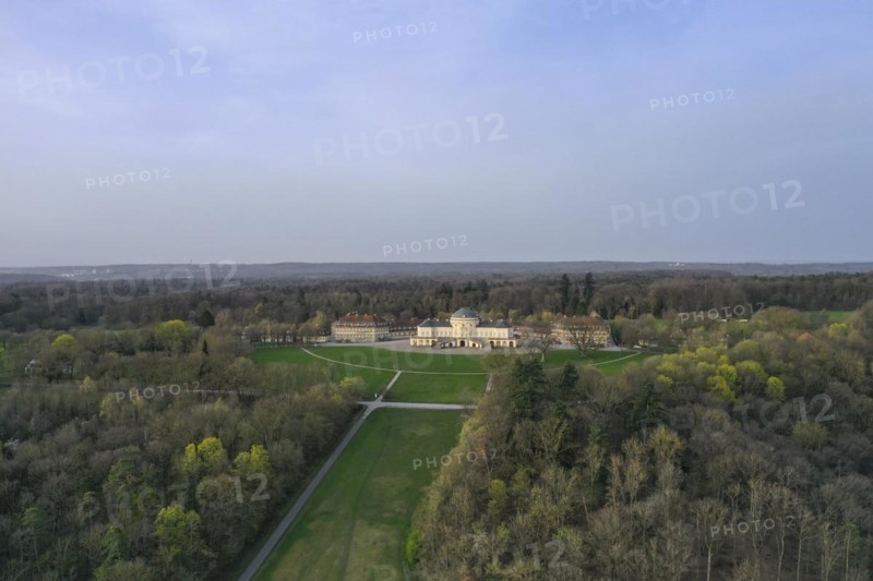 Aerial view of the rococo-style hunting and pleasure palace Schloss Solitude, built by Duke Carl Eugen von Wuerttemberg, Stuttgart, Baden-Wuerttemberg, Germany, Europe