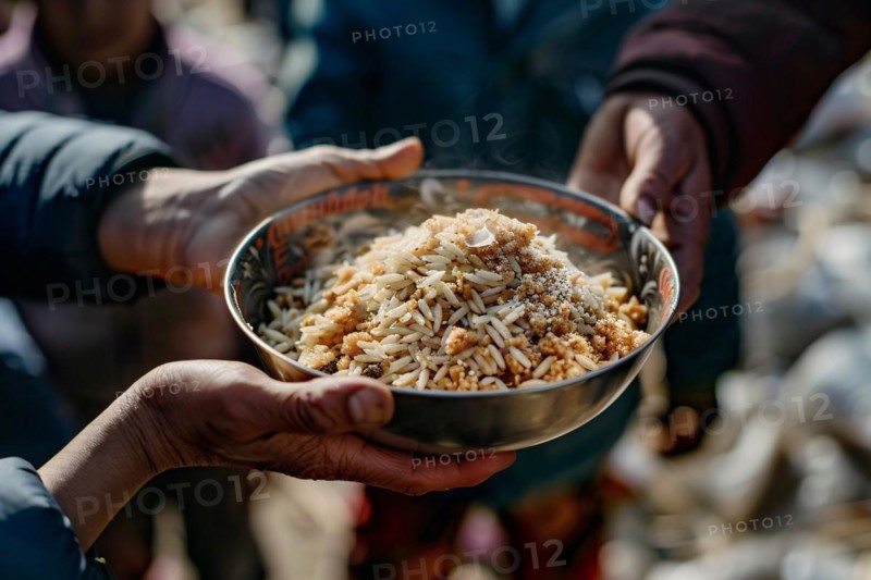 Close up of person's hand holding plate with food at charity food distribution. KI generiert, generiert, AI generated