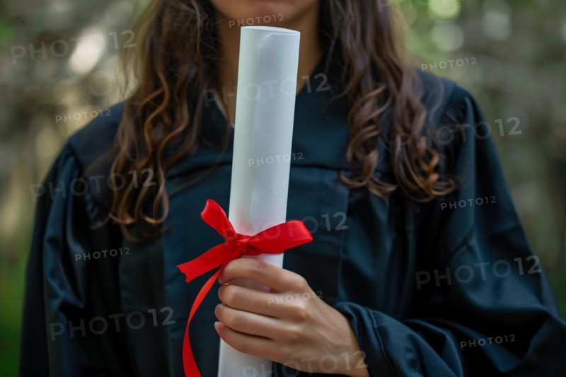 Degree paper certificate roll with red ribbon held by young woman in graduation robe. KI generiert, generiert, AI generated