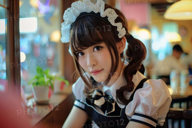 Young Asian woman waitress dressed in maid costumes in Japanese Maid Cafe. KI generiert, generiert, AI generated
