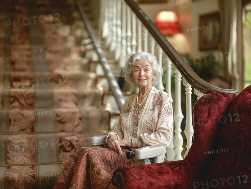 A pensioner rides a stair lift up a flight of stairs, AI generated