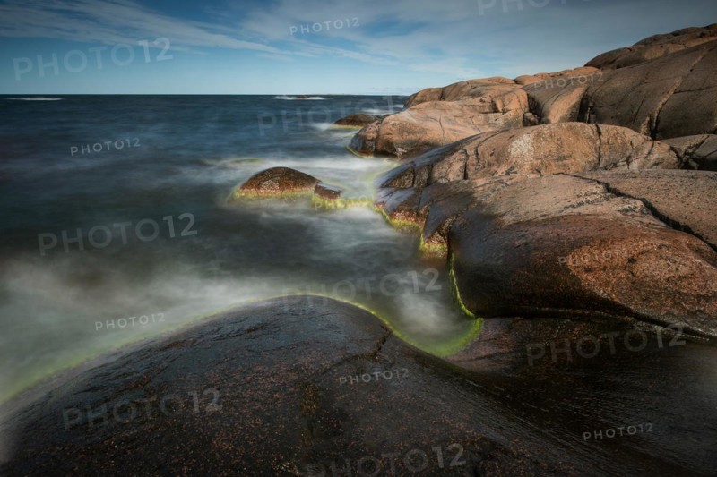 Red granite, rocky coast, surf, long exposure, Havsvidden, Geta, Aland, Aland Islands, Finland, Europe