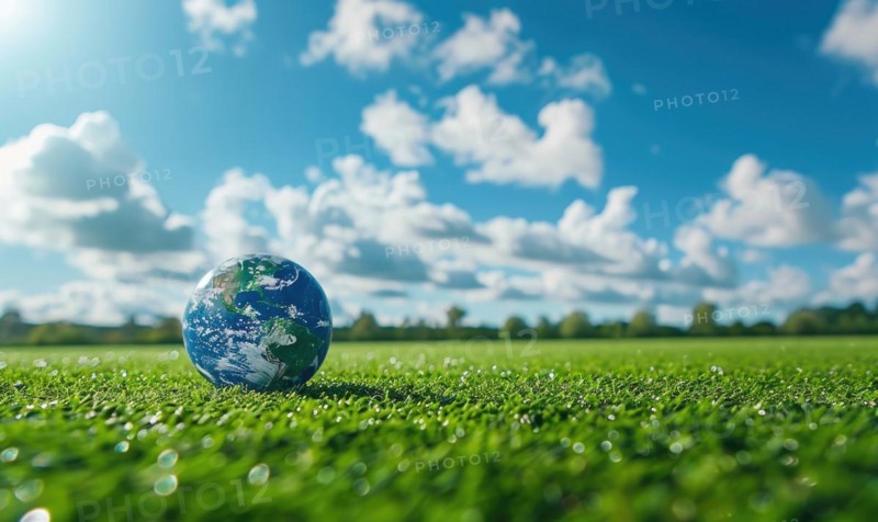 An Earth globe on a grassy meadow with bright blue sky as the backdrop AI generated