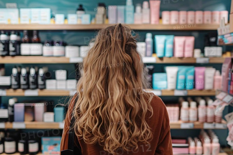 Young woman standing in front of shelves with cosmetic and makeup products in store. KI generiert, generiert, AI generated
