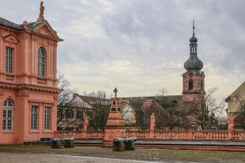 Court of honour baroque three-winged complex Rastatt Palace, former residence of the Margraves of Baden-Baden, Church of St. Alexander, Rastatt, Baden-Wuerttemberg, Germany, Europe