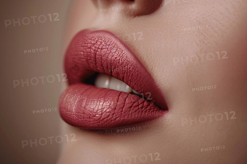 Close up of large red plump lips of woman with Hyaluronic acid beauty fillers. KI generiert, generiert, AI generated