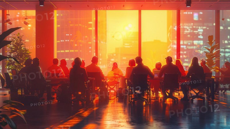 Silhouetted diners at a long table with a warm, urban backdrop illuminating the setup, AI generated