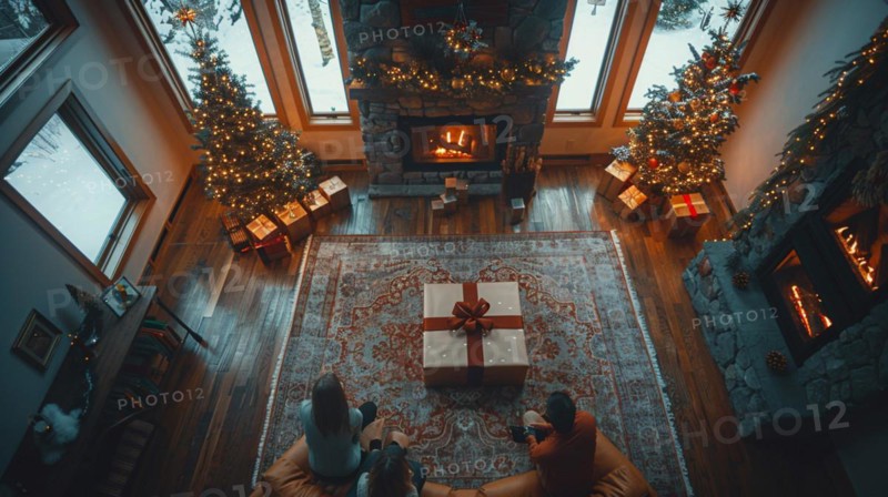 A couple relaxing by the fireplace in a festive room with Christmas decorations, AI generated