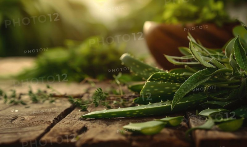 Close-up of aloe vera leaves and fresh herbs arranged on a wooden table AI generated