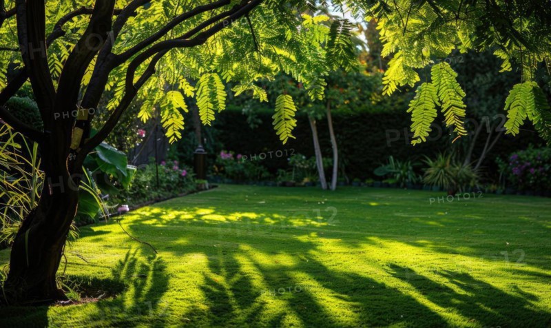 Laburnum tree branches casting shadows on a lush green lawn AI generated