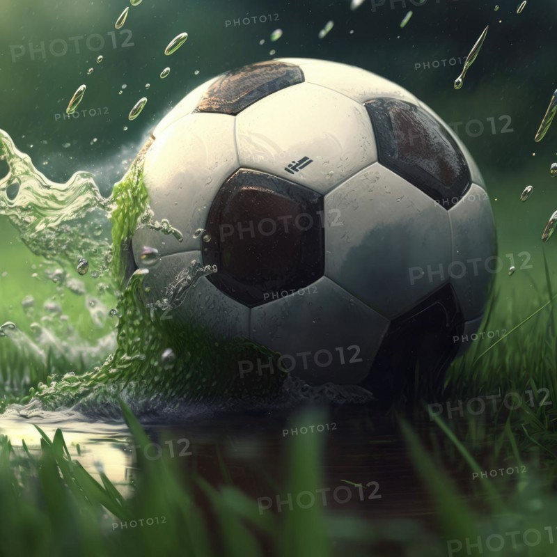 Close-up of a soccer ball hitting a puddle, water splashing around in vibrant natural setting, AI generated
