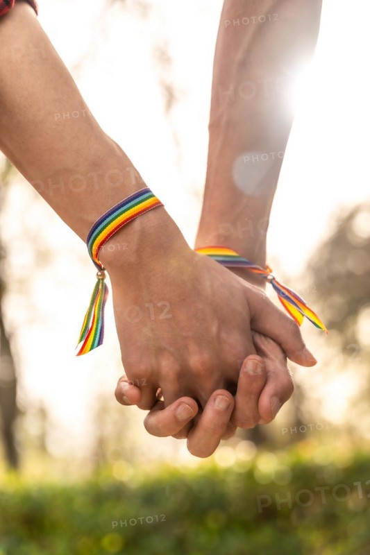 Vertical close-up of a gay men with rainbow bracelets holding hands