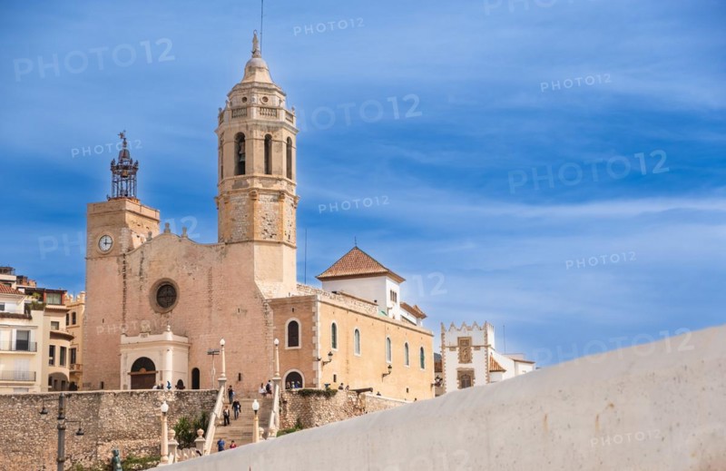 View of the church of St Bartholomew and St Thekla in Sitges, Spain, Europe