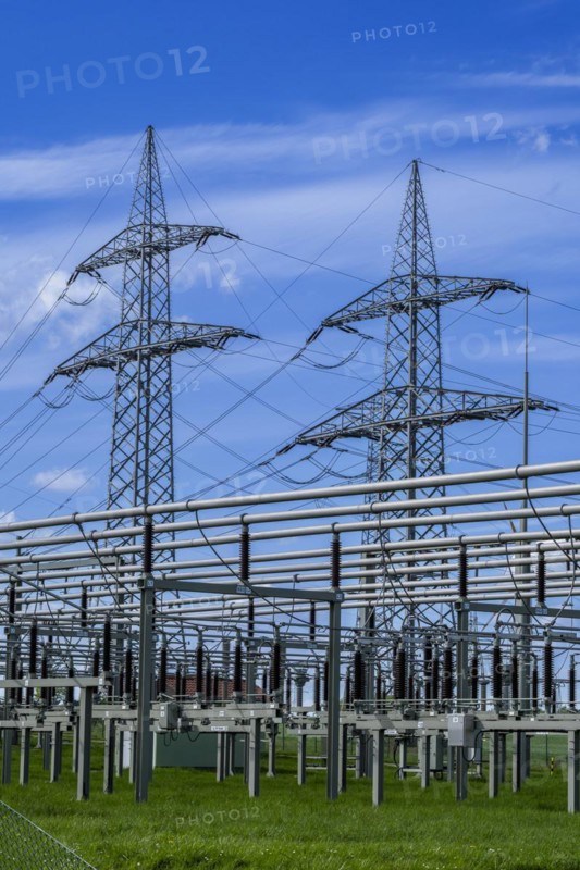 Power pylons with high-voltage lines and insulators at the Avacon substation in Helmstedt, Helmstedt, Lower Saxony, Germany, Europe