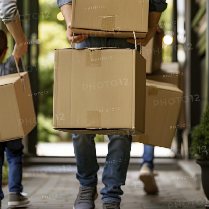 A couple and friends carrying boxes laughing during a move, apartment relocation, apartment relocation, housing shortage, AI generated