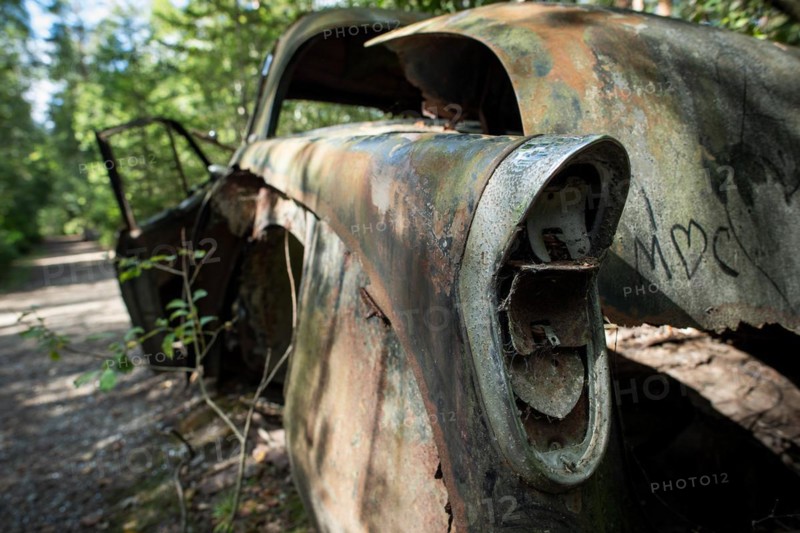 Ancient scrap car, Kyrkoe Mosse car graveyard, Ryd, Tingsryd, Kronobergs laen, Sweden, Europe