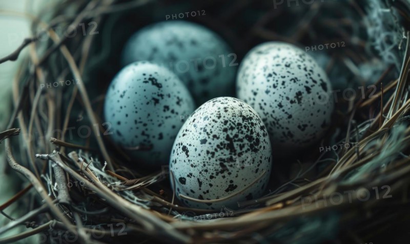 Close-up of a nest with speckled eggs AI generated
