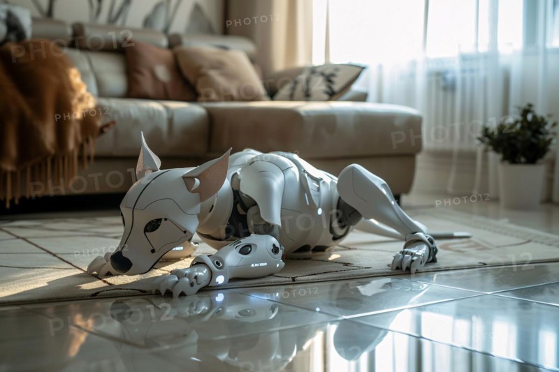 Robotic dog on livingr oom floor. KI generiert, generiert, AI generated