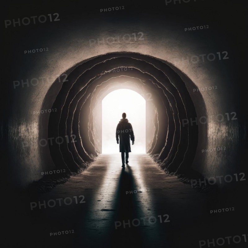 Silhouette of a man stands at the bright end of a dark, arching tunnel, symbolizing hope, AI generated
