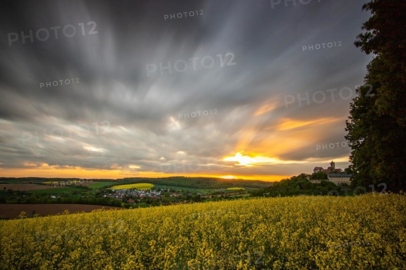 Landscape at sunrise. Beautiful morning landscape with fresh yellow rape fields in spring. Small castle in the yellow fields on a hill. Historic Ronneburg Castle in the middle of nature, Ronneburg, Hesse, Germany, Europe