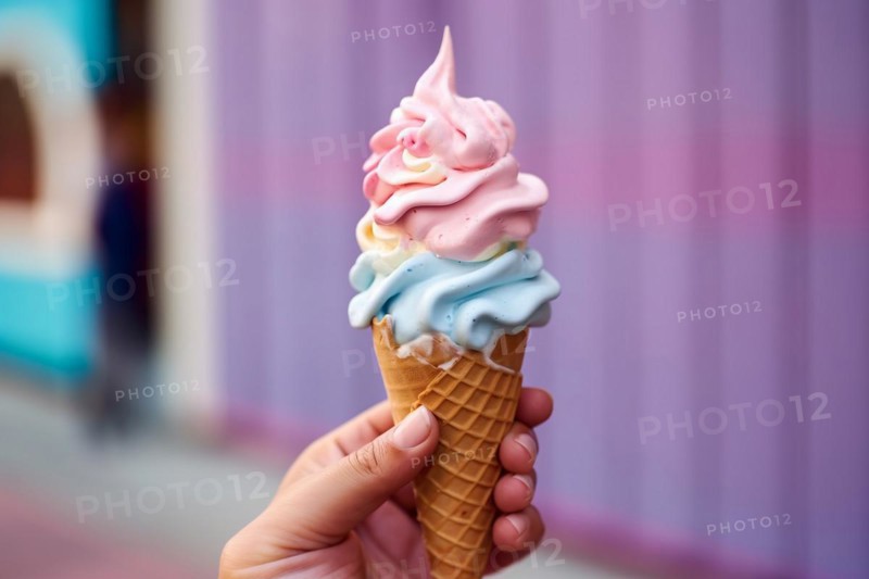 Hand holding soft serve ice cream with pastel colors. KI generiert, generiert, AI generated