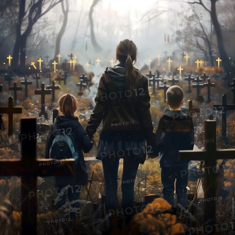 A woman with children watches the dawn in an atmospheric cemetery, war, war graves, military cemetery, AI generated