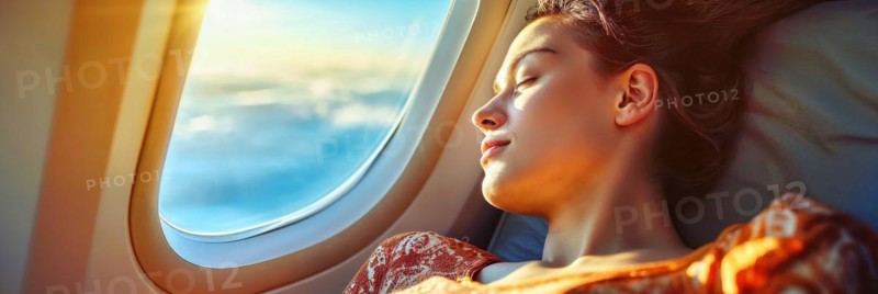 Relaxed woman leaning against the window of an aeroplane, head tilted towards the sky, AI generated, AI generated