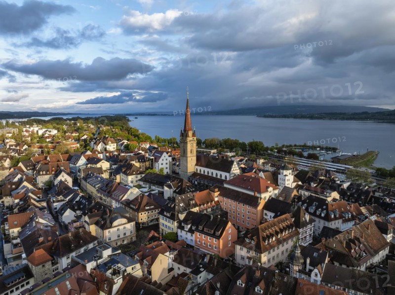 Aerial view of the town of Radolfzell on Lake Constance with the Radolfzell Minster in front of sunset, district of Constance, Baden-Wuerttemberg, Germany, Europe