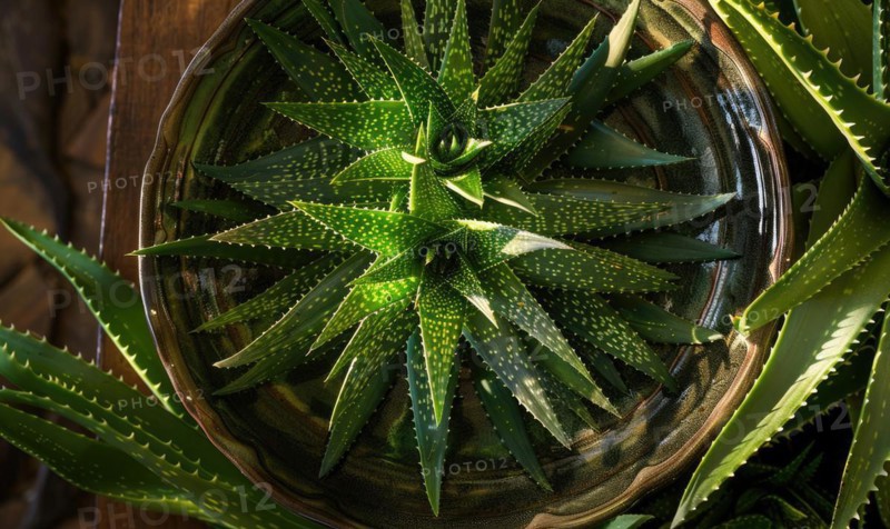 Aloe vera leaves in a pot, closeup view, top view AI generated