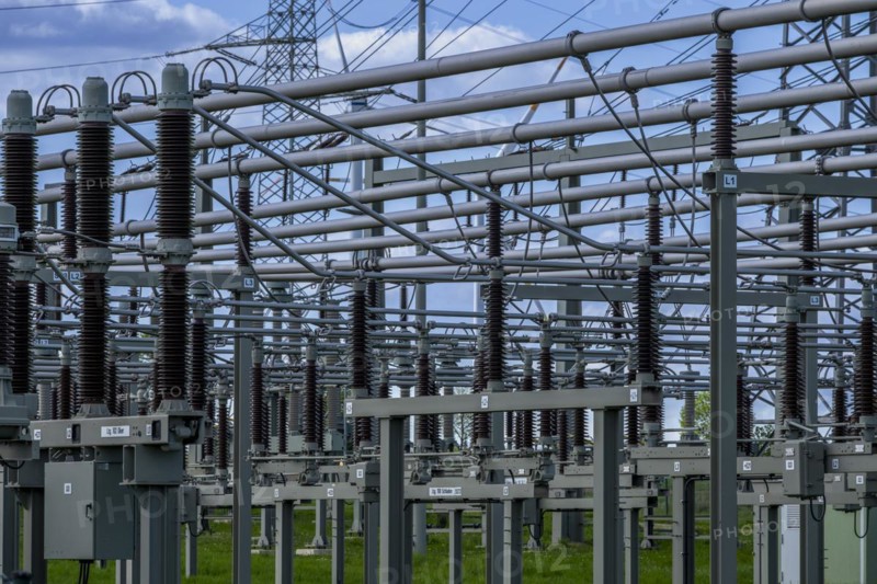 Power pylons with high-voltage lines and insulators at the Avacon substation in Helmstedt, Helmstedt, Lower Saxony, Germany, Europe