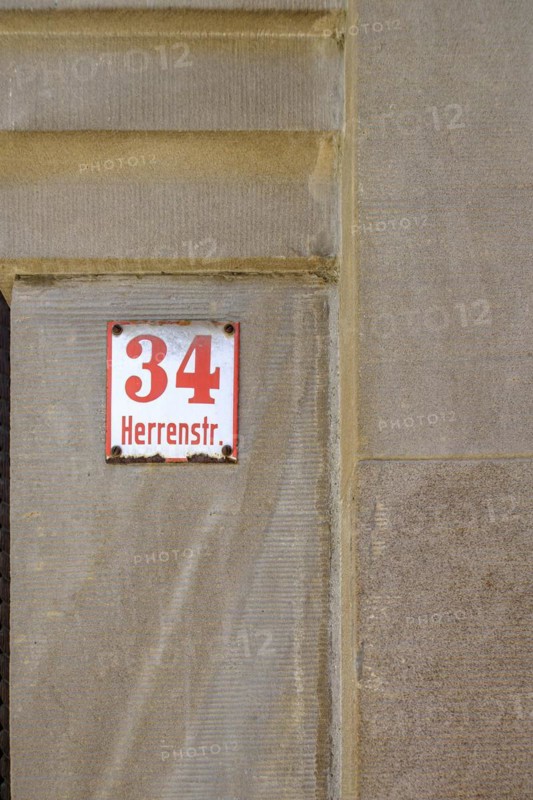 Herrenstrasse 34, historic house number sign in the old town centre of Wangen im Allgaeu, Baden-Wuerttemberg, Germany, Europe