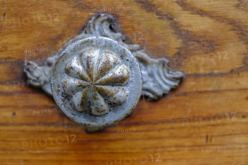 Application on wood, antiqued door fitting on a historic front door, Old Town Lindau (Lake Constance), Bavaria, Germany, Europe