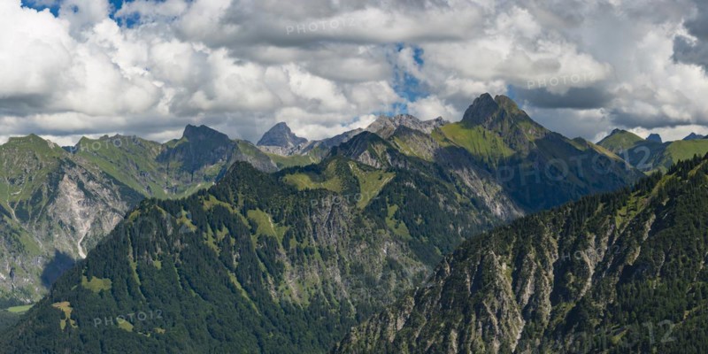 Mountain panorama from Soellereck to Hoefats, 2259m, Allgaeu Alps, Allgaeu, Bavaria, Germany, Europe