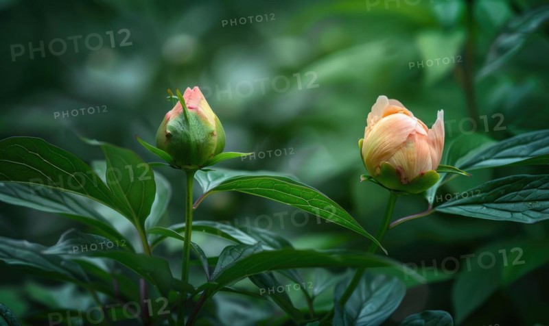 A single peony bud about to bloom against a backdrop of green foliage AI generated