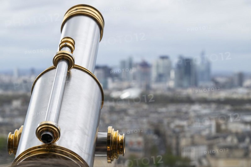 Telescope, view from the Eiffel Tower to the skyscrapers of La Defence, Paris, France, Europe