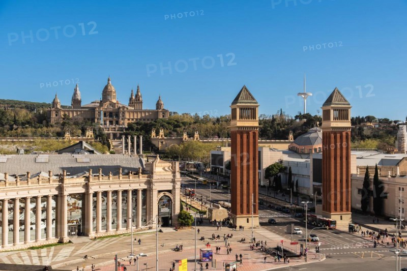 The Venetian Towers, Torres Venecianes or Venetian Towers, in the background the Museu Nacional d'Art de Catalunya, Barcelona, Spain, Europe