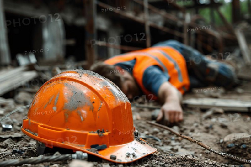 Orange safety helmet with injured construction worker lying on ground after accident at construction site in background. KI generiert, generiert, AI generated