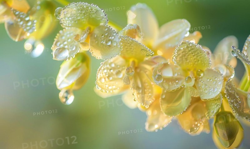 Close-up of dew-covered laburnum flowers in the early morning AI generated