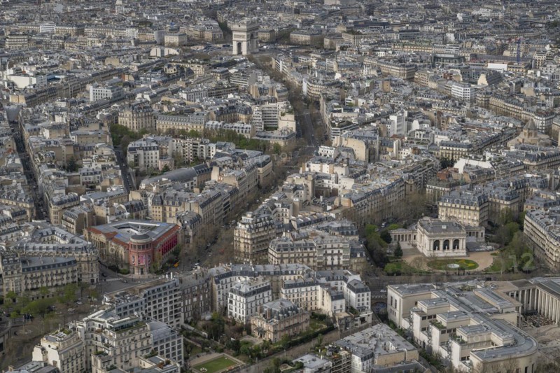 City view from the top of the Eiffel Tower towards the Arc de Triomphe, Paris, France, Europe