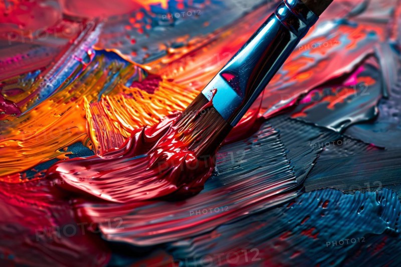 Close up of art brush painting thick oil paint strokes on canvas. KI generiert, generiert, AI generated